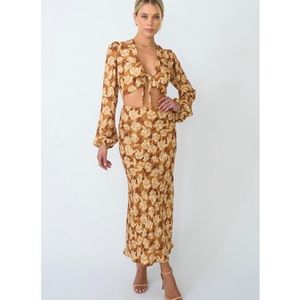 RESA Brown and Cream Floral Midi Skirt